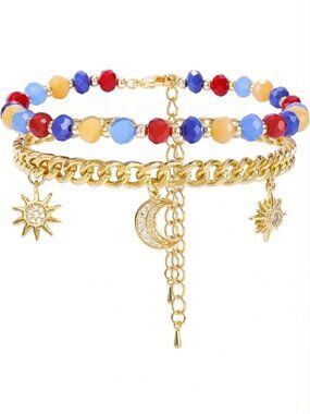Anthropologie Gold Tone Charm Chain and Multicolor Beaded Bracelet Set
